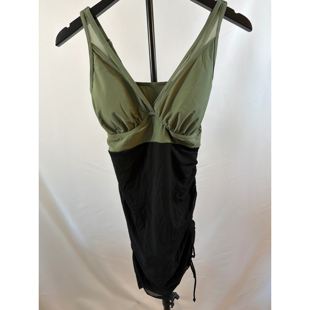 Blooming Jelly Women Olive Green Black Ruched Mesh Swim Dress One Piece M NWT